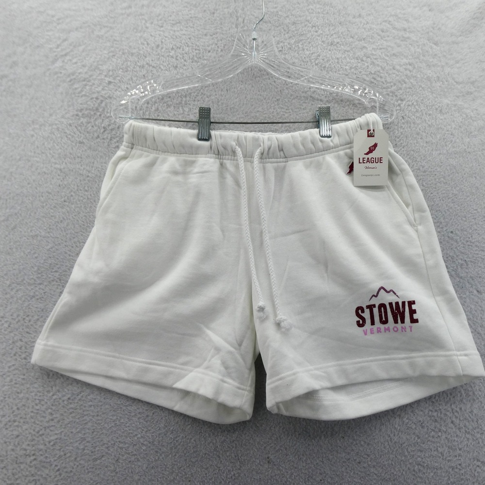 League Shorts Womens Medium Stowe‎ Vermont White Fleece Drawstring Pockets New